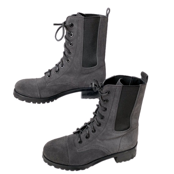 Tory Burch Gray Broome Suede Leather Lace Up Combat Boots size 7.5 - Picture 6 of 11